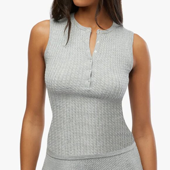 WeWoreWhat Heather Cable Knit Snap Front Rib Fitted Henley Muscle Tank Top Shirt - Picture 1 of 7